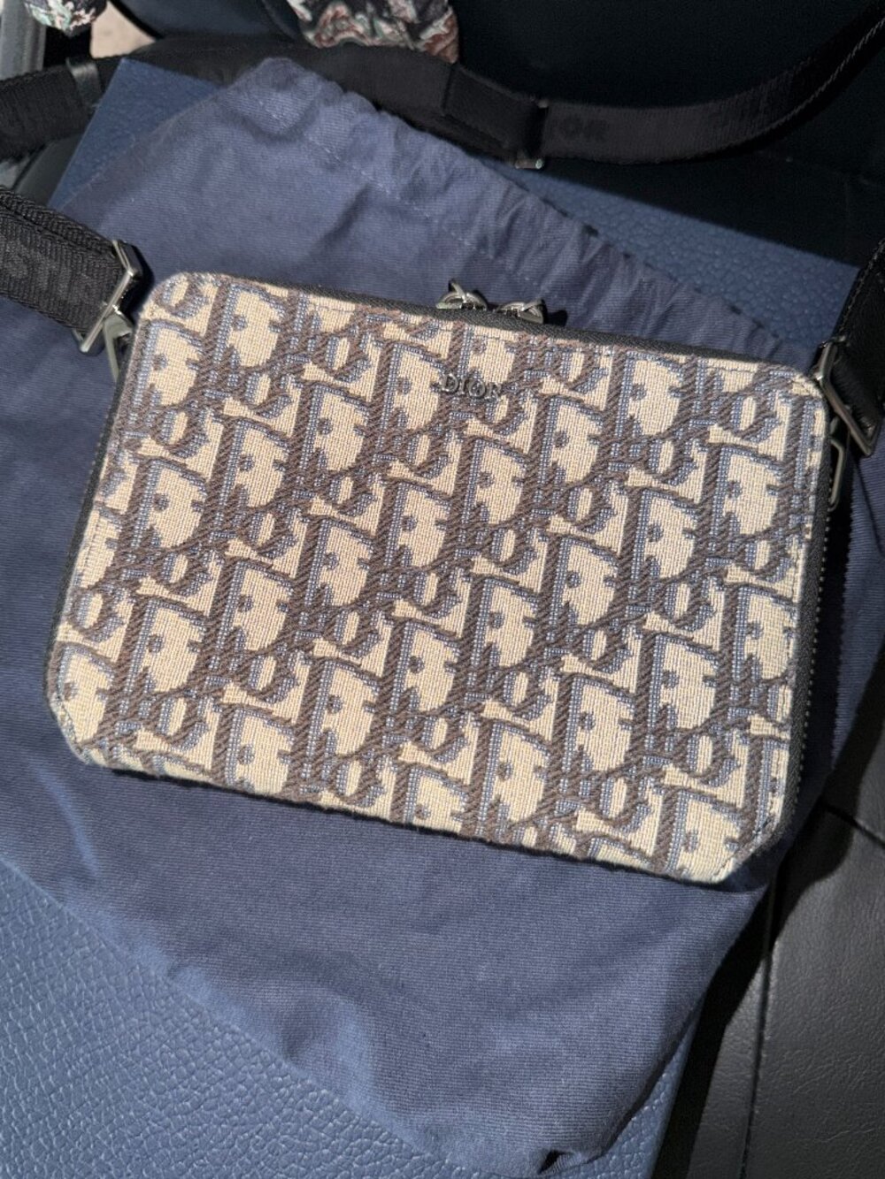 DIOR - Zipped Pouch with Strap in Beige and Black Dior Oblique Jacquard